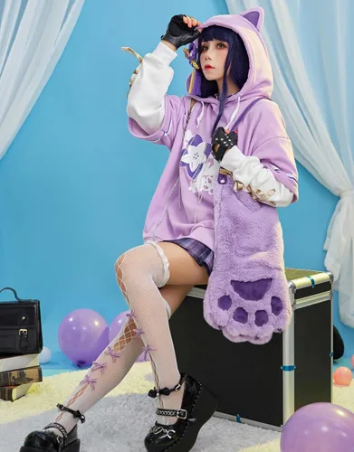 Vista 4 de Cosplay.fm Disfraz de anime para mujer, sudadera con capucha con bolsa desmontable, guantes de pata de gato, sudadera con capucha