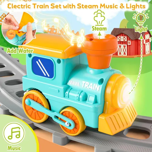 Vista 3 de Juguetes de tren de animales de granja para niños de 2 a 4 años, juego de tren eléctrico para niños con música, vapor y luces, juguetes