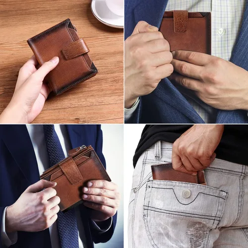 Vista 6 de FALAN MULE Billetera de cuero genuino suave con bloqueo RFID, plegable, elegante, con cremallera, bolsillo para monedas, con 4 ventanas