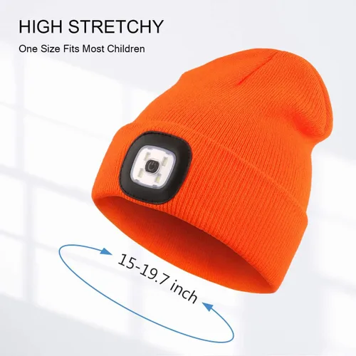 Vista 4 de Gorro LED para Niños, Unisex Gorro con Linterna Frontal Recargable de Invierno con Luz Nocturna, Regalos para Niños y Niñas Naranja