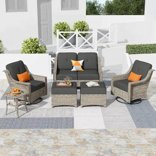Vista 63 de HOOOWOOO Sofá de patio de 3 plazas de mimbre para exteriores, resistente a todo tipo de clima, con respaldo alto, muebles a juego (beige y bronceado)