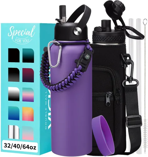 Vista 22 de Botellas de agua de 32 onzas aisladas con pajita y tapa para beber de un sorbo, asa de paracord, bolsa de transporte con correa, termo de triple