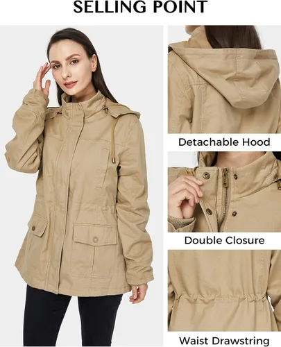 Vista 5 de WenVen Chaqueta militar de algodón para mujer, ligera, informal, con capucha, Anorak