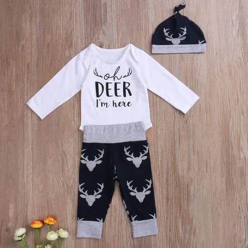 Vista 3 de Conjunto de 3 piezas para recién nacido, ropa occidental de manga larga con letras, pantalones y sombrero, para otoño e invierno