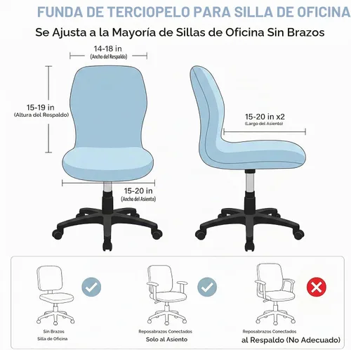 Vista 3 de Fundas elásticas de terciopelo para sillas de oficina sin brazos, funda elástica colorida para sillas de escritorio (azul bebé)