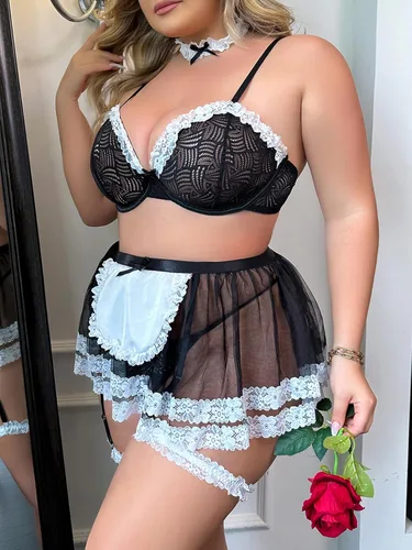 Vista 5 de WDIRARA Conjunto de disfraz de sirvienta de 5 piezas para mujer, talla grande, conjunto de lencería de malla de encaje en contraste