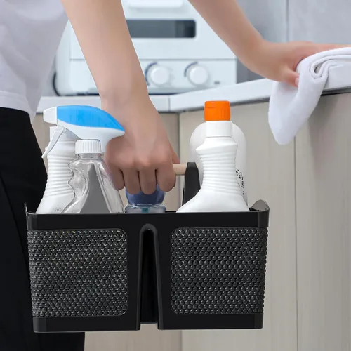 Vista 5 de rejomiik - Cesta portátil para ducha de plástico, organizador de limpieza con asa, organizador de almacenamiento portátil con asa para baño, Negro
