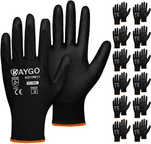 Vista 77 de KAYGO KG11PB - Guantes de trabajo de seguridad con revestimiento de poliuretano, 12 pares de guantes de punto sin costuras para hombres y mujeres