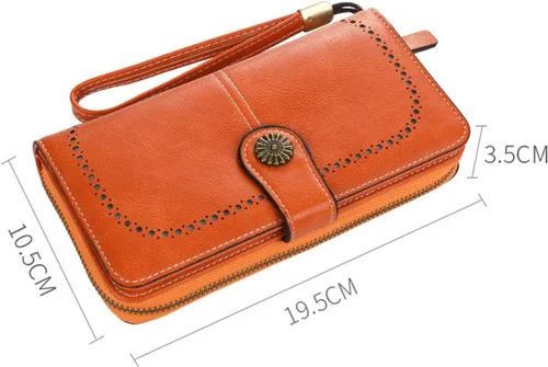 Vista 2 de Cartera de cuero para mujer, con bloqueo RFID, de gran capacidad, para tarjetas, cartera larga con muñeca