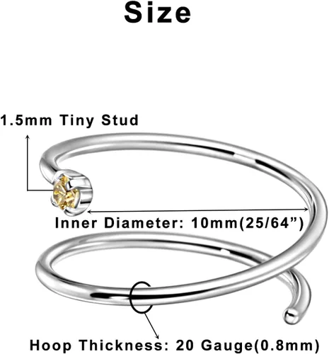 Vista 3 de Aro de nariz doble de 0.78 oz y 0.394 pulgadas para un solo piercing, acero quirúrgico plateado en espiral para mujeres y hombres, piedra natal