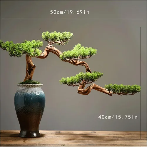 Vista 2 de Árbol bonsái artificial, bonsái artificial, árbol de pino de bienvenida, planta en maceta de simulación de 15 pulgadas, bonsái decorativo, oficina