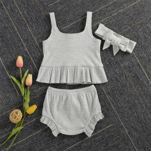 Vista 3 de Conjunto de ropa de verano para bebé recién nacida, vestido de tirantes de punto, con volantes y pantalones cortos, conjunto de trajes sólidos