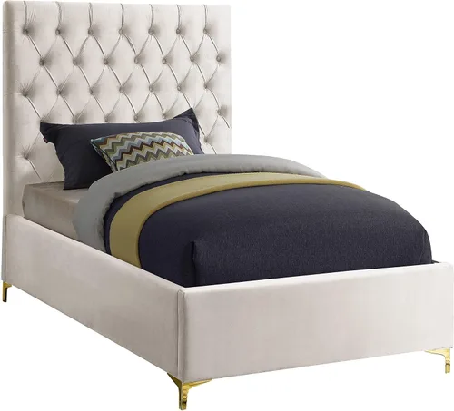 Vista 18 de Meridian Furniture Colección moderna Cruz Cama tapizada de terciopelo contemporánea con acolchonamiento de botones profundos y juegos completos