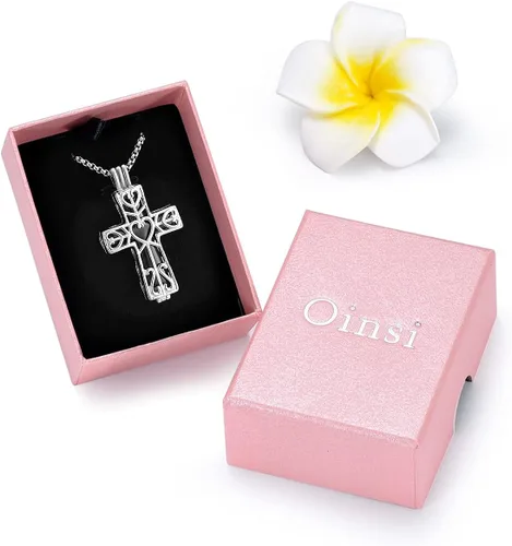 Vista 3 de Oinsi Collar de cremación con cruz de corazón de eternidad para cenizas para mujeres y hombres, de acero inoxidable, recuerdo conmemorativo, collar