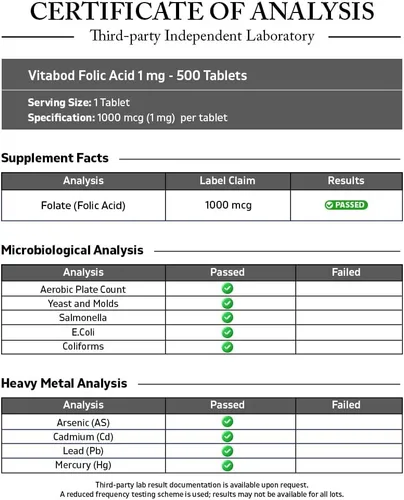 Vista 3 de Vitabod Ácido fólico 1 mg (1000 mcg) (vitamina B9) - 500 tabletas vegetarianas - una vitamina prenatal y posnatal esencial