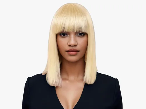 Vista 5 de Peluca de cabello humano lacio rubio 613 de 15 pulgadas con flequillo, sin pegamento, sin encaje frontal, Yaki Bob para mujer