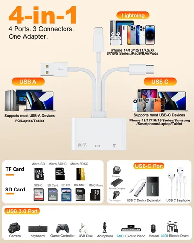 Vista 7 de Rocketek Lector de tarjetas SD y adaptador de unidad flash para iPhone White