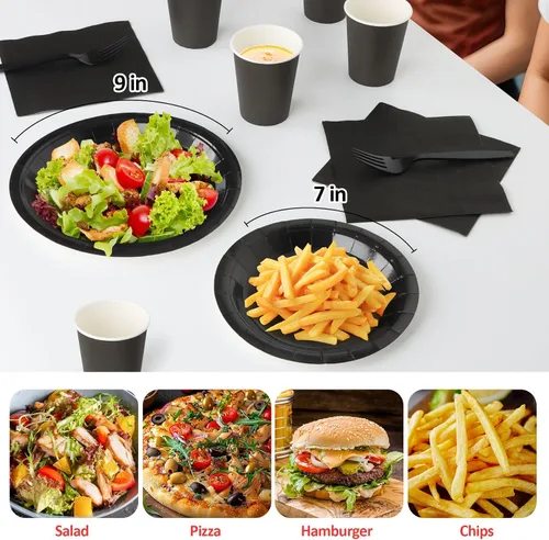 Vista 4 de Platos y servilletas de papel negro, platos desechables para fiestas, incluye platos de 7 y 9 pulgadas, tazas, servilletas, tenedores, suministros