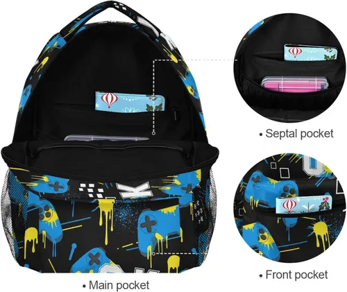 Vista 7 de Dussdil Blue Yellow Game Joysticks Backpacks for Boys Girls Kids Bookbag Elementary School Bag Travel Daypack for 3rd 4th 5th Grade Students Backpack