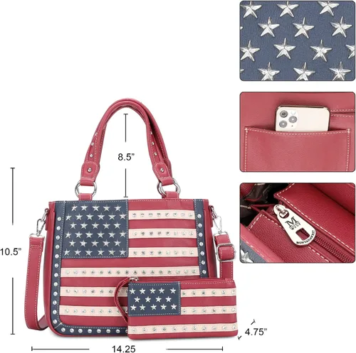 Vista 5 de Montana West Bolso patriótico con tachuelas para mujer, bolso de mano con bandera estadounidense y bolso cruzado