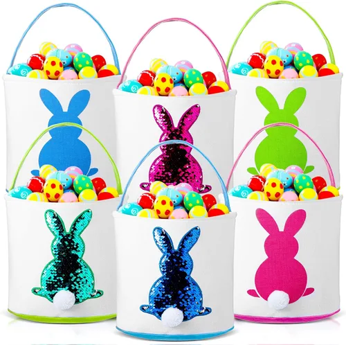 Vista 9 de Saintrygo 6 bolsas de cesta de conejo de Pascua para niños, cesta de caza de huevos de Pascua con asa, bolsas de regalo, cubo de transporte, Bright