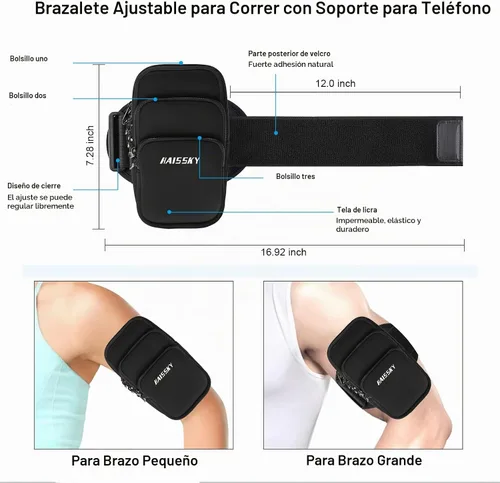 Vista 3 de Brazalete porta teléfono de 3 bolsillos para correr para iPhone 16 15 14 Pro Max 13 Plus 12 11 XS XR X 8 7 Galaxy S23, bolsa para llaves y tarjetas