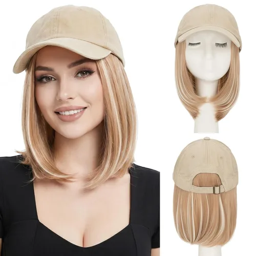 Vista 21 de SEGO - Gorra de béisbol con extensiones de cabello para mujer, resistente al calor, sintético, 6 pulgadas, ajustable, corta, recta, peluca