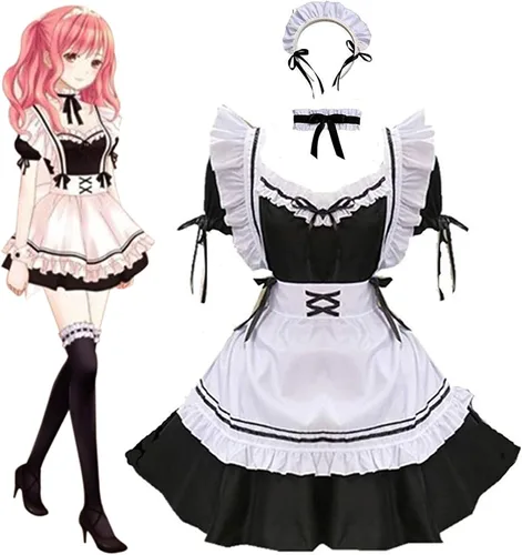 Vista 3 de GRAJTCIN Disfraz de sirvienta francesa de anime para mujer disfraz de cosplay de Lolita con calcetines