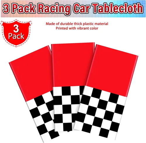 Vista 4 de Paquete de 3 manteles de plástico de auto de carreras, mantel desechable a cuadros rojos y negros, mantel rectangular a cuadros de búfalo