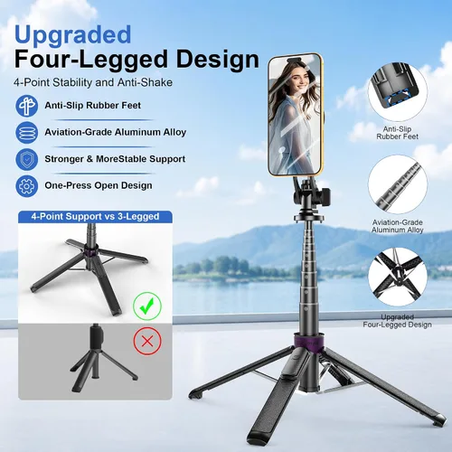 Vista 3 de Trípode magnético 4 en 1 para iPhone con tornillo de 1/4 pulgadas, trípode MagSafe Selfie Stick de 53 pulgadas con control remoto inalámbrico