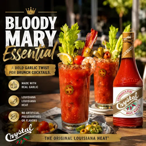 Vista 5 de Crystal Louisiana's Pure Hot Sauce con ajo, 12 onzas, pimientos de cayena añejos, calor medio, sabor Gumbo a Bloody Mary's