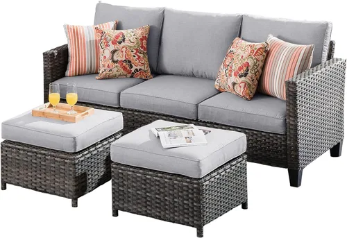 Vista 10 de ovios Juego de muebles de patio de 3 piezas para exteriores con otomanas, sofá de ratán de mimbre con reposapiés, cómodos cojines, sofás para todo