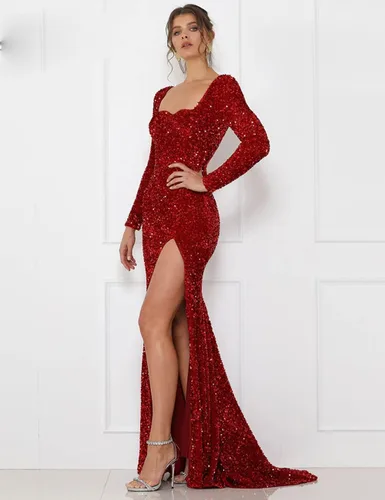 Vista 5 de Vestidos de fiesta de manga larga con lentejuelas para mujer, vestido de fiesta formal brillante con abertura de sirena, vestido largo