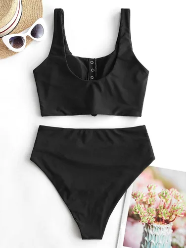 Vista 6 de ZAFUL - Traje de baño estilo bikini de dos piezas con cuello redondo y tiro alto para mujer
