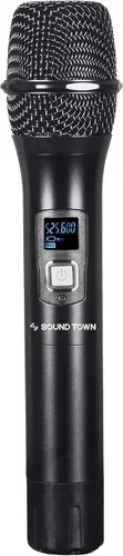Vista 4 de Sound Town Sistema de micrófono inalámbrico UHF ajustable de 200 canales con receptor de metal, 4 micrófonos de mano y escaneo automático