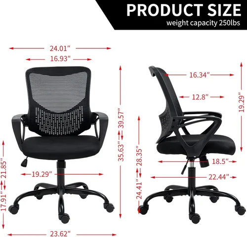 Vista 2 de Silla de oficina, silla de escritorio, silla de computadora ergonómica de malla con reposabrazos de soporte lumbar, silla de computadora giratoria