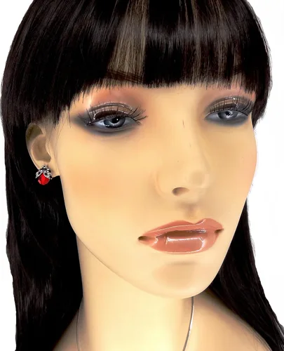 Vista 3 de Hermoso collar y aretes con colgante de mariquita en tono plateado, cadena de 19 pulgadas, joyería de moda en caja de regalo, Diamante de imitación