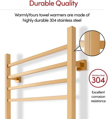Vista 2 de WarmlyYours Toallero térmico para baño, calentador eléctrico de toallas y secadora de oro pulido, montado en la pared, enchufe o cableado de 120 V