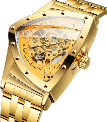 Vista 2 de CARLIEN Reloj analógico automático de esqueleto hueco triángulo para hombre, resistente al agua, pulsera de acero inoxidable, reloj de pulsera