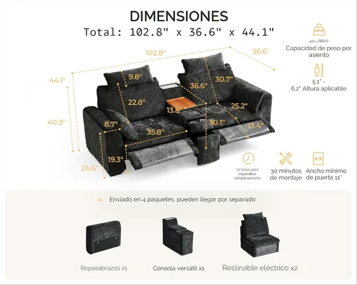 Vista 2 de Sofá reclinable eléctrico de 102.8 pulgadas con reposacabezas, sofá reclinable modular Cloud de gran tamaño con mesa, cajón de almacenamiento