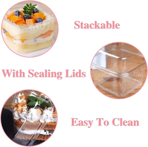 Vista 3 de Qyyiguf 100 piezas de vasos de plástico para postres con tapas y cucharas, vasos cuadrados de parfait de 8 onzas, recipientes desechables