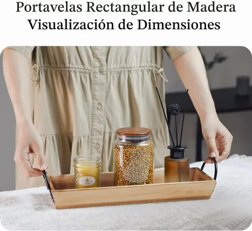 Vista 3 de Bandeja de velas rectangular de madera con asas de metal negro, portavelas de madera rústica para exhibir velas, centros de mesa para mesa de Madera
