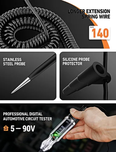 Vista 4 de Luz de prueba automotriz, probador eléctrico LED digital resistente de 5 a 90 V, probador de circuito con cable de resorte de poliuretano de 140