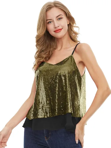 Vista 4 de SATINIOR Camiseta sin mangas de lentejuelas brillantes para mujer, chaleco de lentejuelas brillantes, chaleco de lentejuelas para fiesta de Navidad