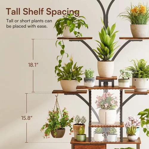 Vista 9 de Soporte para plantas de interior de 63 pulgadas con luces de crecimiento, estante de plantas de 10 niveles con cajón, soportes de esquina