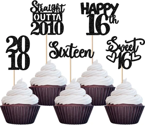 Vista 10 de 30 piezas negras para cupcakes de 10.º cumpleaños con purpurina Ten Happy 10 Straight Outta 2016 para saludos a 10 años 10 cumpleaños, boda Negro