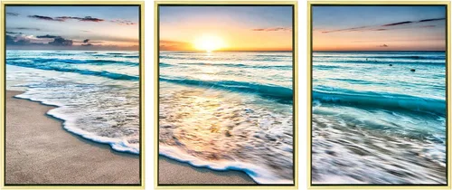 Vista 7 de Wieco Art Lienzo enmarcado para pared, 3 paneles de playa azul para decoración del hogar, puesta de sol, olas de playa, imágenes sobre lienzo