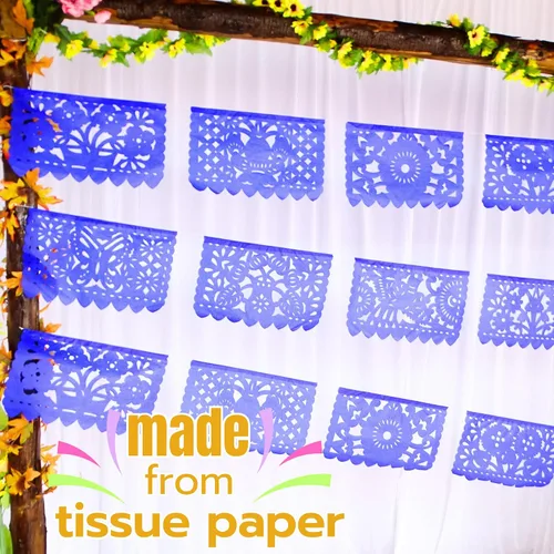Vista 6 de Cartel de papel picado azul mediano, suministros de fiesta, banderas mexicanas azul rey, guirnaldas de papel perfectas para cumpleaños, despedida