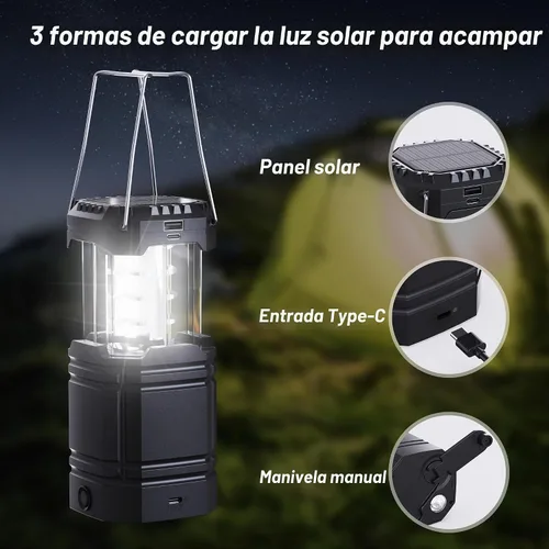 Vista 3 de Linterna solar de camping con manivela de mano de gran capacidad de 3000, linterna LED ultra brillante, portátil de 23 a 26 horas de tiempo de Negro