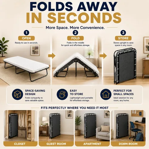 Vista 4 de Greaton, 14″ High Folding Guest Bed with 3″ Memory Foam Mattress – Sturdy Metal Frame, Easy Access for Seniors, Underbed Storage, Comfortable Bed